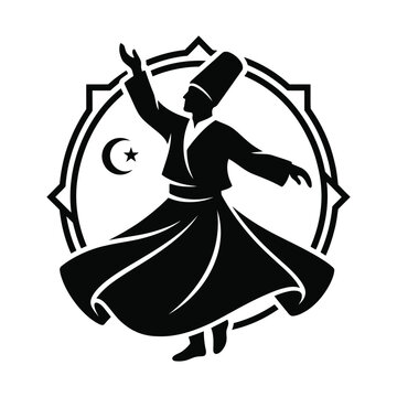 Sufi whirling dervish silhouette, Islamic mystic dancer vector, spiritual Mevlevi semazen icon with crescent moon