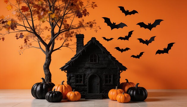 Spooky halloween haunted house, creepy bats black pumpkins, autumn tree orange background, night house silhouette, october season decor, spooky horror cottage, trick or treat wallpaper banner.