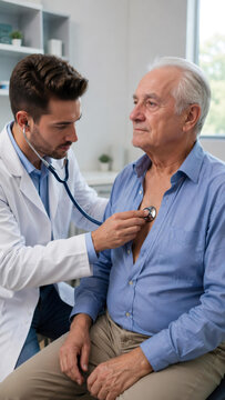Doctor examining senior man using stethoscope in medical office. Pulmonologist checking heart and lung sound. Professional healthcare service for elderly patient, diagnostics concept.