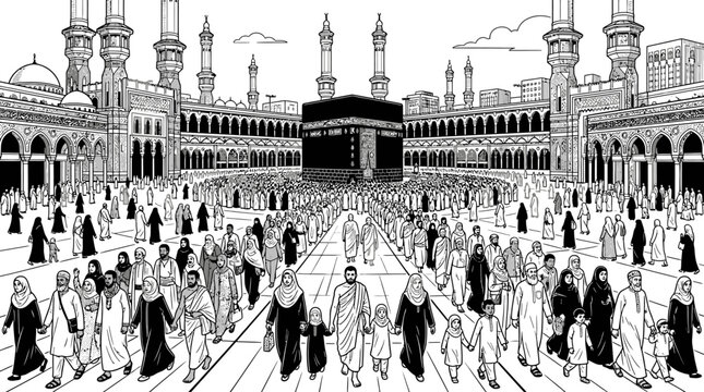 Crowd of Muslim pilgrims performing Hajj or Umrah circling Kaaba in Makkah holy mosque.