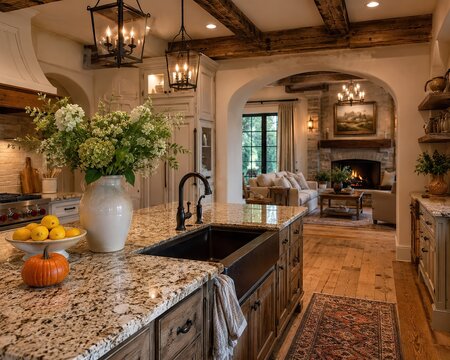 Elegant farmhouse kitchen with marble island and flowers
