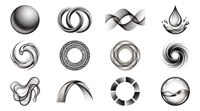 Abstract geometric halftone shapes in black ink style for modern branding presentations.