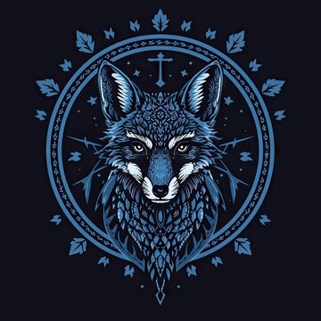 Blue geometric wolf head illustration inside a circular ornamental frame