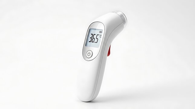 Digital infrared thermometer gun showing normal body temperature on screen