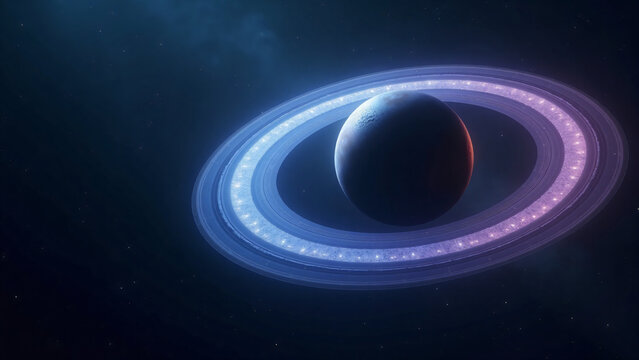Luminous Rings Around Planet Starry Cosmic Background