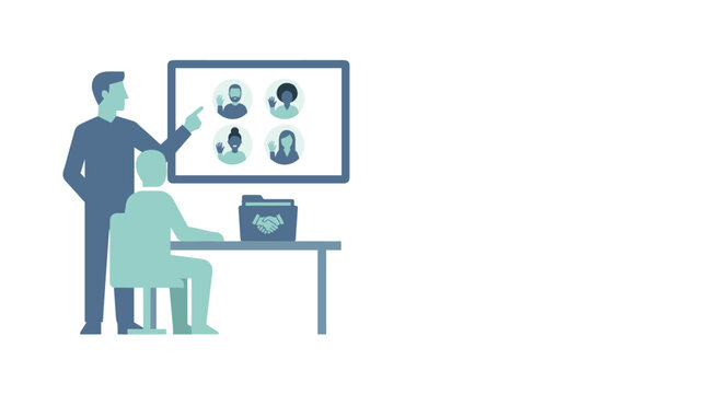 Man pointing at screen during virtual meeting with seated colleague at desk