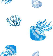 Ocean pattern with corals, seashells and medusas made in Procreate in Watercolor technique. PNG file. 300 DPI. Raster. RGB © Світлана Качуринська
