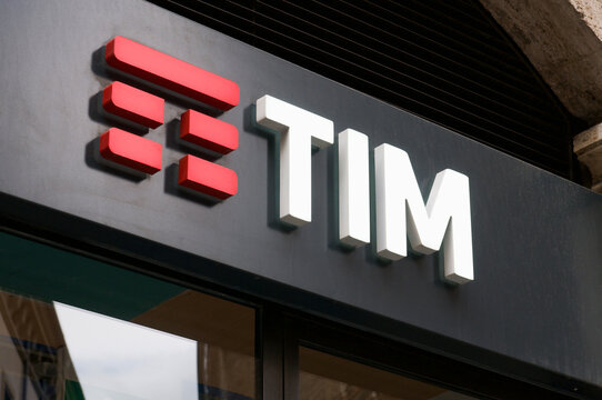 TIM Telecom Italia logo sign on store facade in Italy