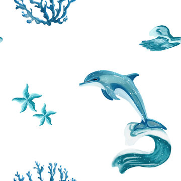 Pattern with Dolphin, waves, corals and starfish made in Procreate in Watercolor technique. PNG file. 300 DPI. Raster
