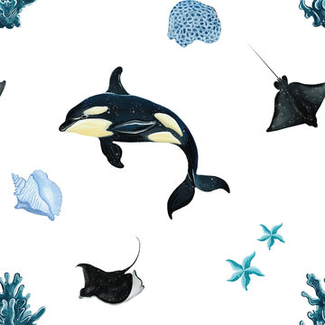 Ocean pattern with whale, corals, starfish, stingray and seashell made in Procreate in Watercolor technique. PNG file. 300 DPI. Raster. RGB