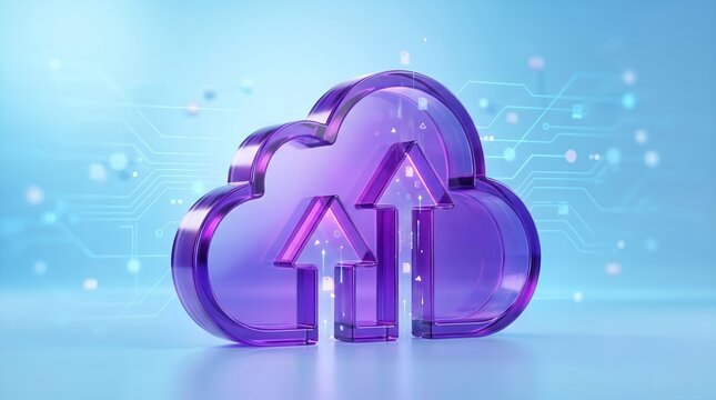 Glass cloud computing concept icon with upload arrows for modern digital storage systems.