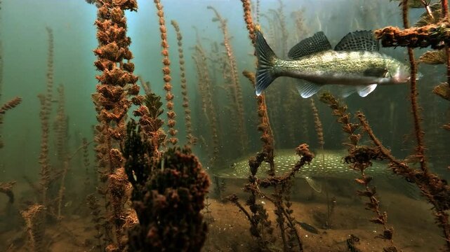 Close side view of a huge northern pike, Esox lucius, about one meter long, lying in ambush above the lakebed as perch and roach swim nearby as potential prey.
