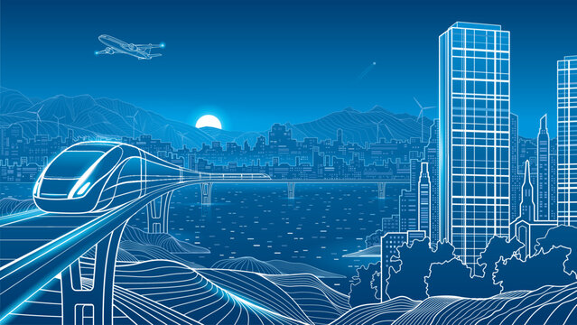 Futuristic smart city with high speed train on elevated railway, modern skyline, airplane, wind turbines, mountains and water. Blue technology vector illustration of sustainable transportation
