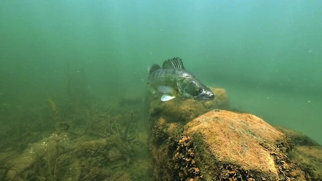 Zander, Sander lucioperca, holds position above a submerged stone wall, illustrating its typical association with rocky structures in freshwater lakes.