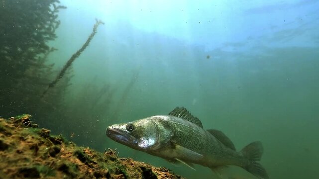 Zander, Sander lucioperca, lowers its spiny dorsal fin while remaining close to the camera, showing a relaxed response to the diver&rsquo;s presence.