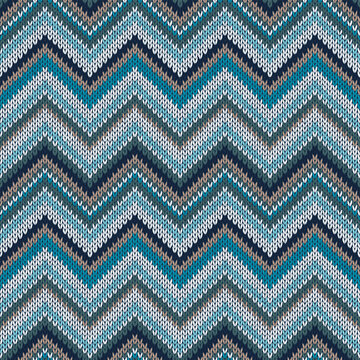 Seamless geometric blue and white knitted pattern. Colorful knitwear sample vector illustration