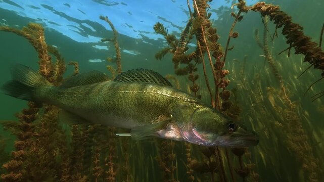 Low-angle view of a zander, Sander lucioperca, with shining scales among dense Myriophyllum plants, with the water surface and blue sky above.
