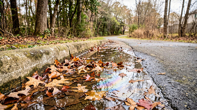 Fallen brown oak leaves in water puddle with rainbow oil film along concrete curb of asphalt road. Low angle view of autumn foliage and oil sheen in road gutter near forest park background