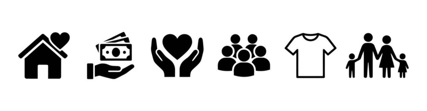 Essential human needs icons depicting shelter nourishment affection togetherness garments and familial bonds