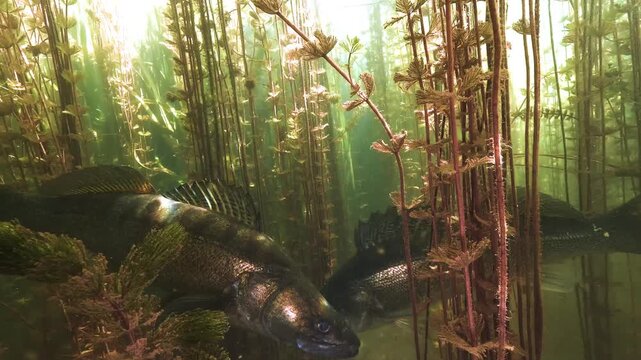 Several zander, Sander lucioperca, gather among dense watermilfoil, resting close together beneath filtered sunlight in a freshwater lake.