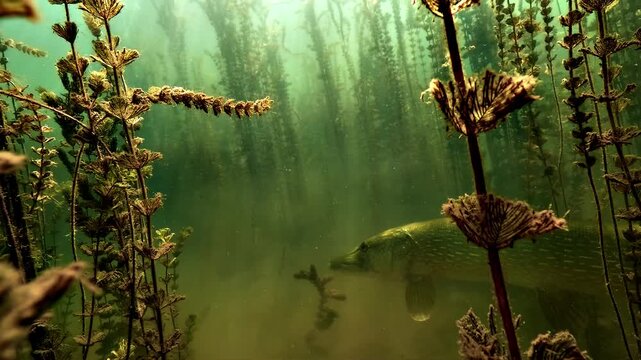 A very large northern pike, Esox lucius, swims slowly near the lake bottom before disappearing into a dense forest of submerged aquatic plants.