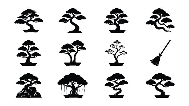 Black and White Minimalist Tree and Broom Icon Set Vector Illustrations