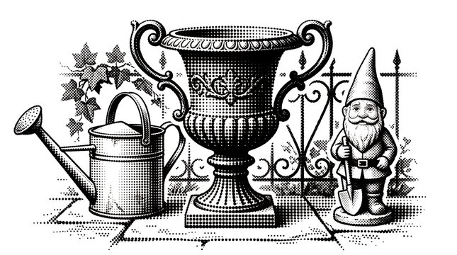 Decorative garden urn with watering can and gnome black and white vintage style vector art.