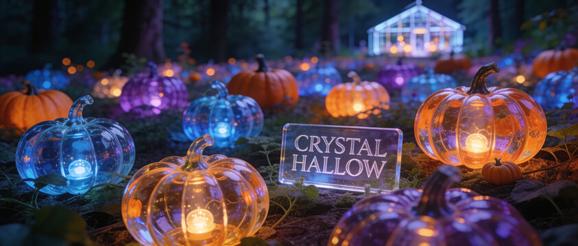 Glowing Glass Pumpkin Garden Night, Magical Crystal Hallow Sign, Illuminated Halloween Lantern Forest, Fantasy Glowing Squash Lights, Enchanted Autumn Night Yard Decor, Colorful Glowing Pumpkins.