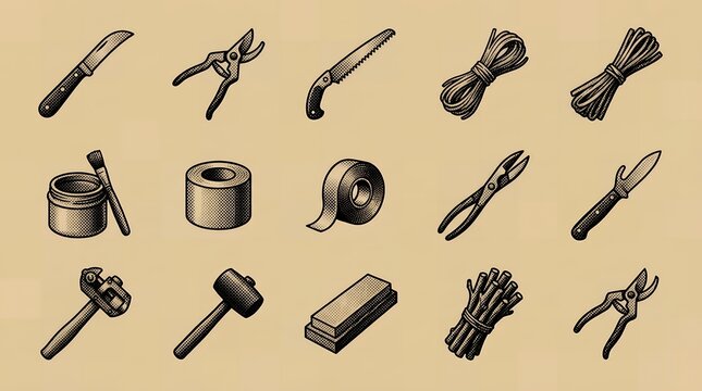 Collection of gardening tools and maintenance equipment in black and white stipple style.