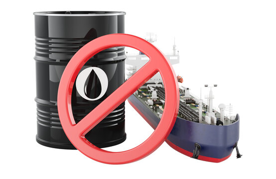 Oil embargo with tanker and barrel, energy sanctions and trade ban concept. 3D rendering