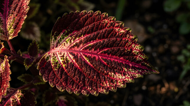 vibrant burgundy coleus plant leaf macro | colorful ornamental garden foliage | detailed texture of variegated leaf with pink veins | coleus scutellarioides close up