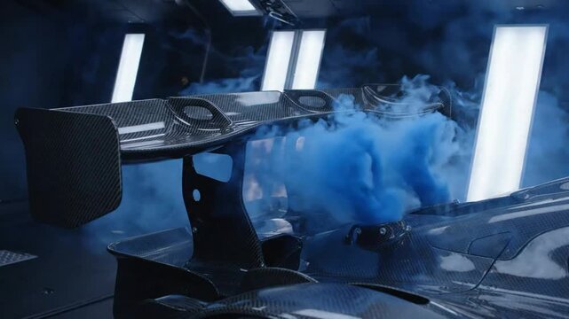 Carbon fiber supercar rear wing with blue exhaust smoke in aerodynamic wind tunnel testing studio hypercar