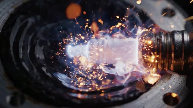 Spark plug ignition sequence in combustion engine cylinder with glowing sparks and smoke automotive