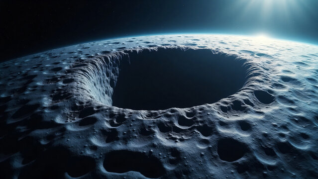 Asteroid Crater with Sunlight and Deep Blue Space
