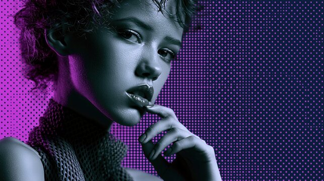 Purple and blue halftone fashion portrait of a woman with thoughtful pose for stylish editorial, poster and branding artwork.

