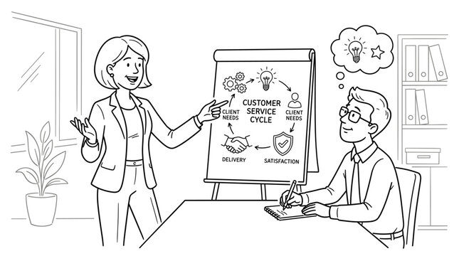 Business meeting explaining customer service cycle with flowchart and people discussing ideas
