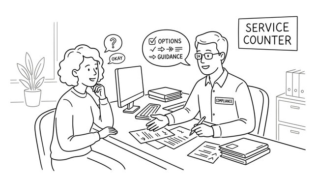 Customer service representative offers guidance and options at a service counter with a client asking questions