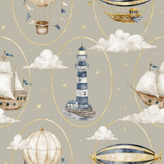 Airship seamless watercolor pattern with lighthouse, ships and balloons on beige background. Celestial repeat with blimp, sailboat and stars for fabric, wallpaper, nursery textiles and wrappings. © Alisles