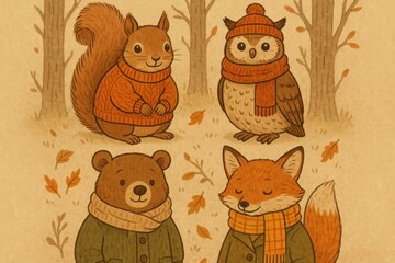 Fototapeta premium Cute autumn animals illustration wallpaper background