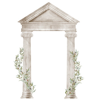 Classical portico with olive branches watercolor illustration isolated on background. Ancient Mediterranean architecture with columns and botanical foliage. Roman frame for greeting cards or invites.