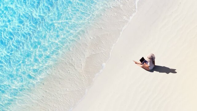 aerial view of woman with laptop on sand beach drone shot seamless looping footage of remote work digital nomad lifestyle freelance on exotic island paradise with turquoise ocean shore wave
