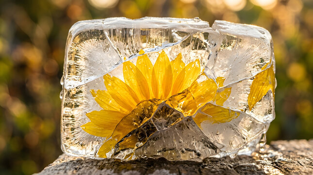 Yellow sunflower frozen in a block of ice | Winter floral preservation concept | Close up of flower head encased in cracked ice | Sunlight glowing through frozen ice cube with flower