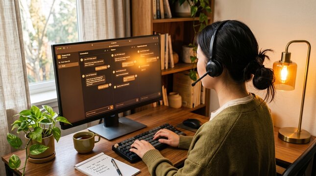Young woman wearing headset works at computer in cozy home office with warm daylight handling online customer support chat remote service concept