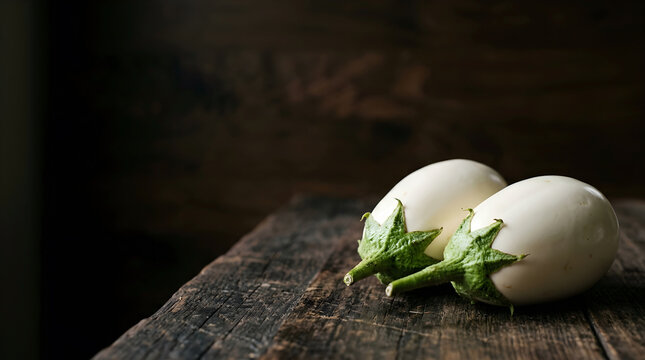 Casper White Eggplants on Dark Textured Wood