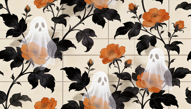 Ghost floral seamless pattern, Spooky halloween botanical rose artwork, Dark floral halloween ghost design, Vintage spooky ghost orange flowers, Cute ghost halloween textile wallpaper.