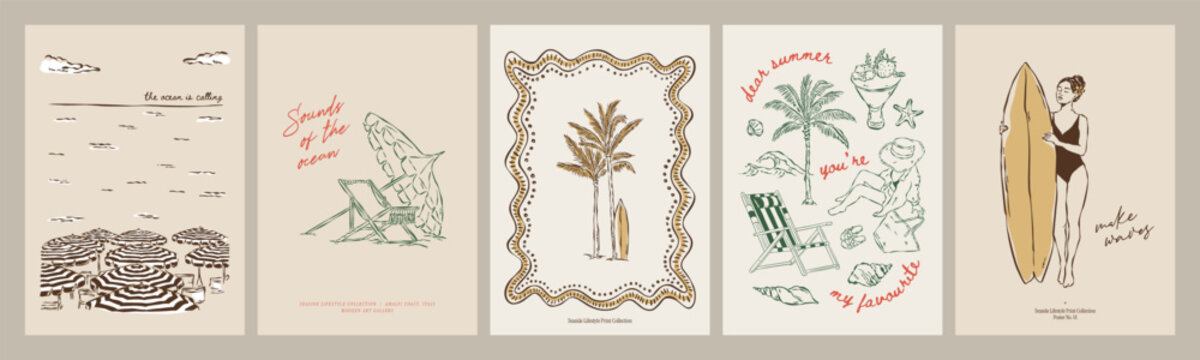 Vintage style beach posters with hand-drawn illustrations of striped umbrellas, palm trees, surfboards, and coastal quotes. Charming seaside wall art for print collections and gallery displays