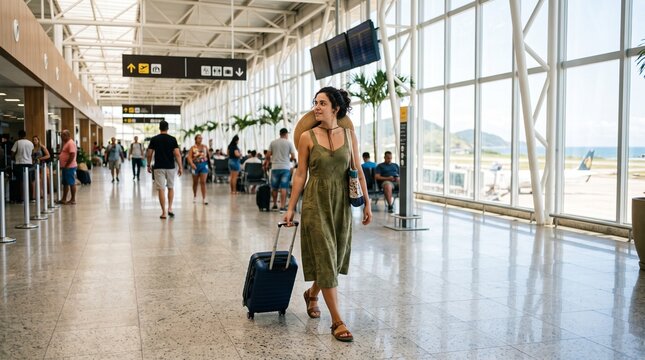 Woman with suitcase walking through airport terminal with large windows overlooking tarmac and ocean