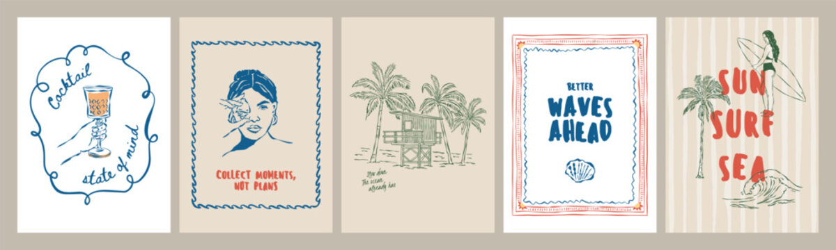 Hand drawn beach posters with bold typography, cocktail and surf illustrations, palm trees, and playful summer quotes. Vibrant coastal wall art for print collections and gallery displays