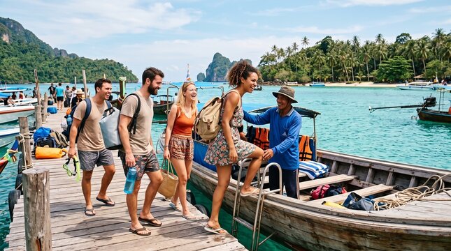 Happy tourists disembarking a boat onto a tropical island pier with luggage