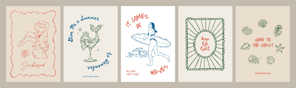 Hand drawn beach posters with playful typography, mermaid and surfer illustrations, and breezy summer quotes. Charming coastal wall art for print collections and gallery displays.